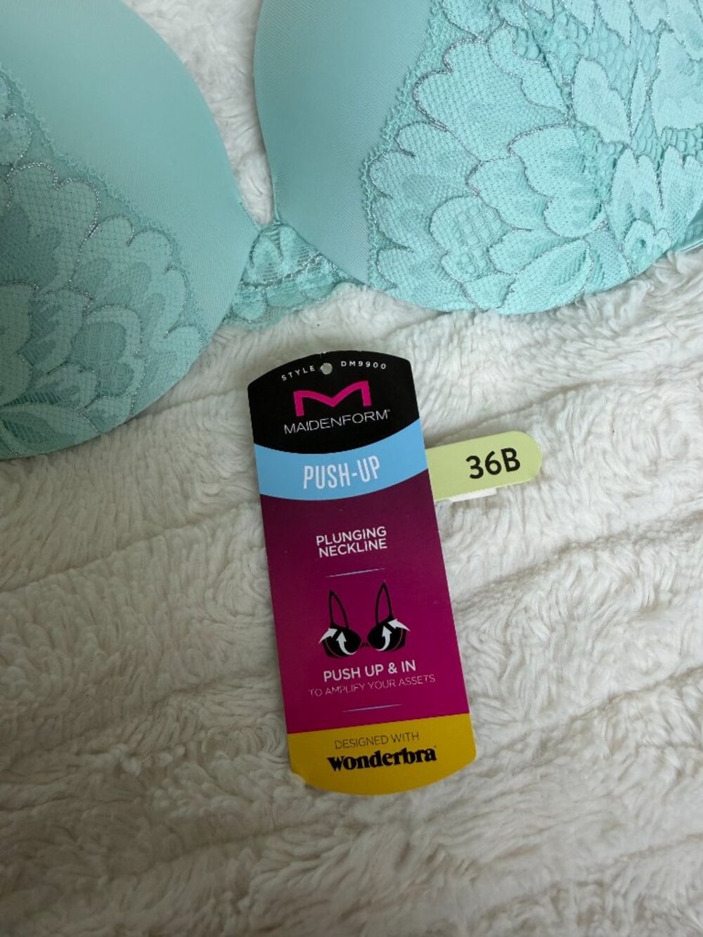 Maidenform 36B Push-Up & In Plunging Neckline Lace Bra Aqua DM9900 - Picture 12 of 12
